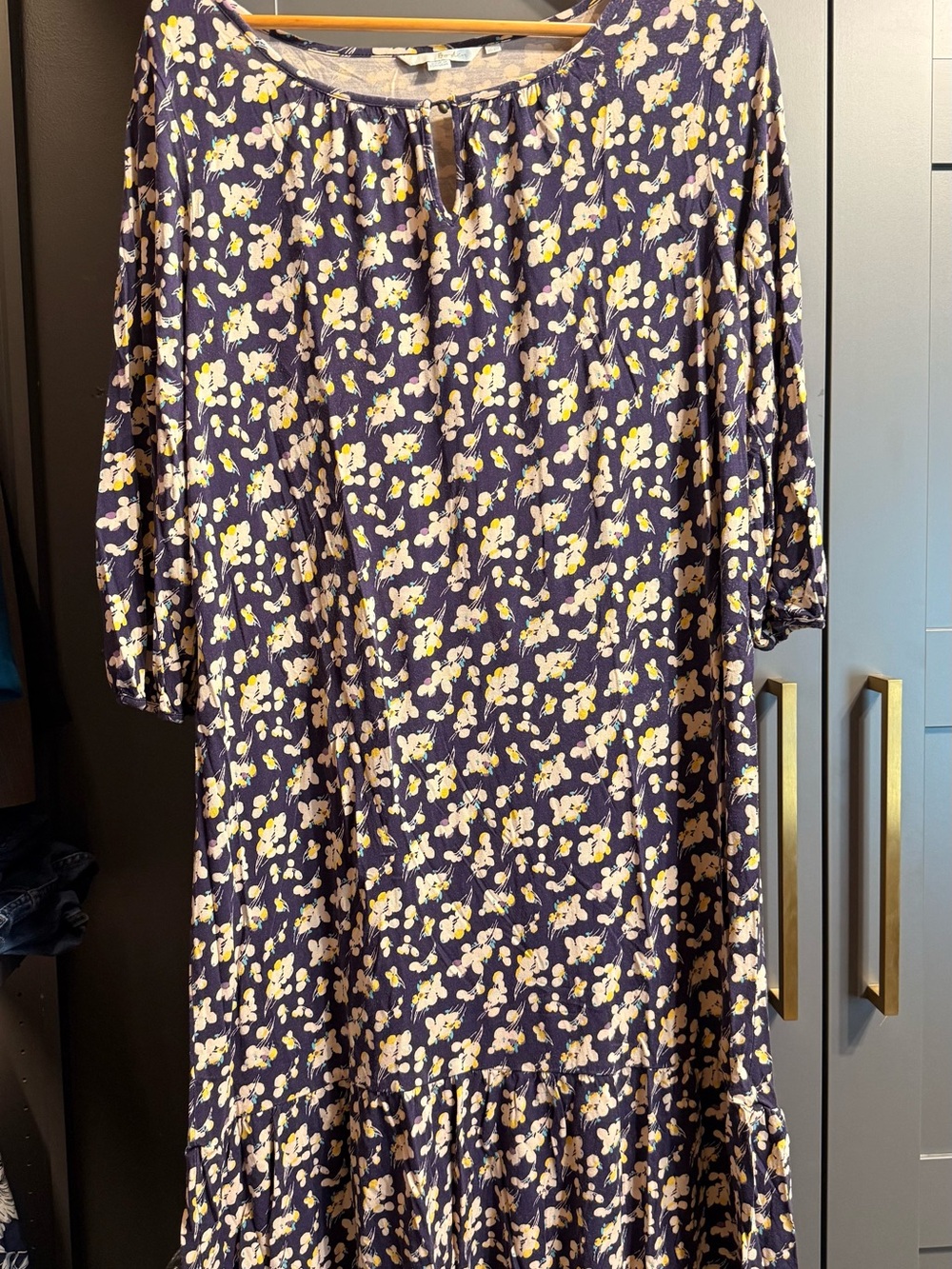 Boden Navy Floral Midi Dress with Yellow and Cream Blossoms